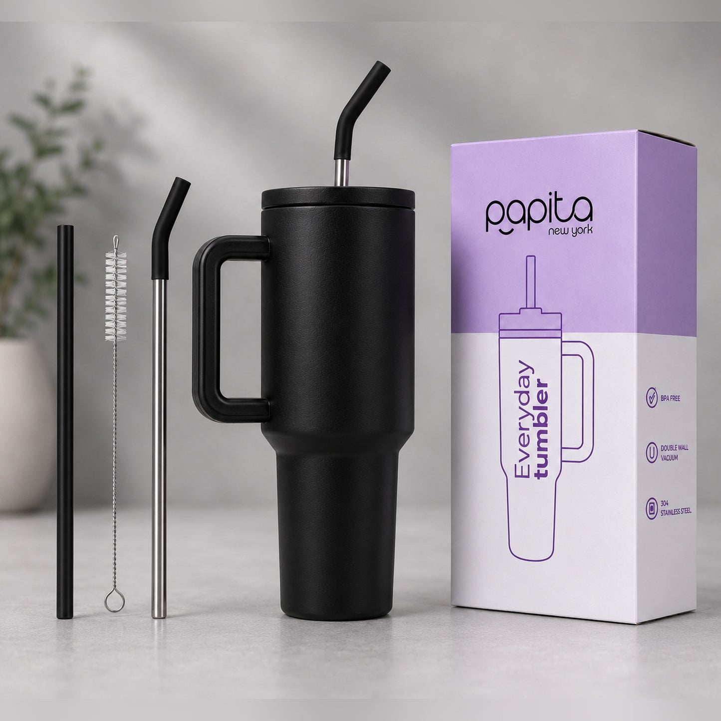 Papita New York Everyday Tumbler — 304 Stainless Steel Insulated Travel Mug with Handle, Lid & 2 Straws, 1.2L