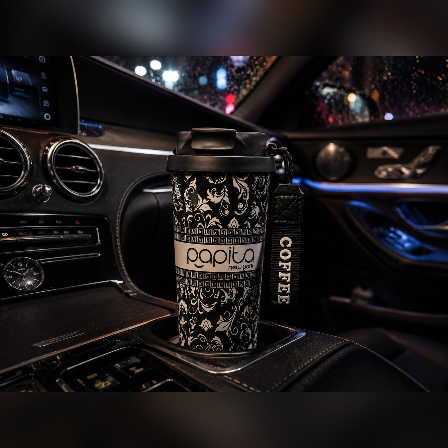 Papita Noir Damask Steel Travel Mug