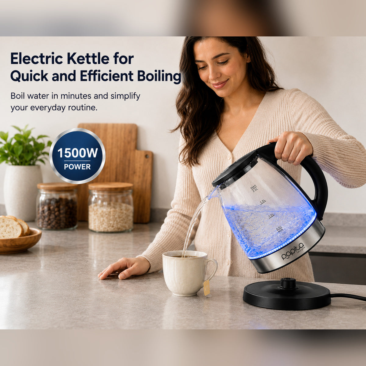 Papita Glass Electric Kettle 2 Litre — 1500W Borosilicate Kettle with Blue LED, Auto Shut-Off & 360° Cordless Base