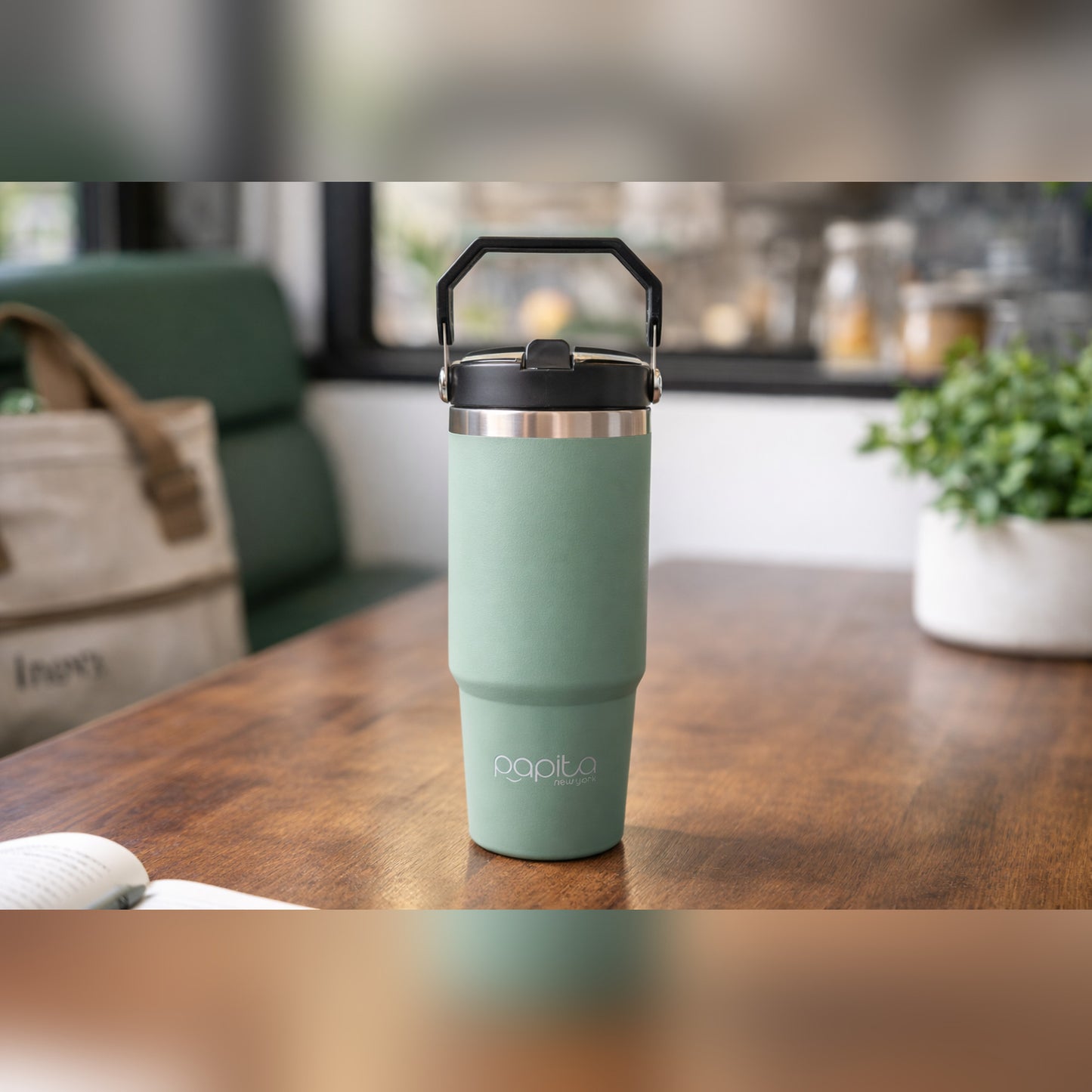 Papita Everyday Tumbler 900ml — 304 Stainless Steel Insulated Travel Mug with Flip Sipper Lid & Carabiner Handle (Sage Green)