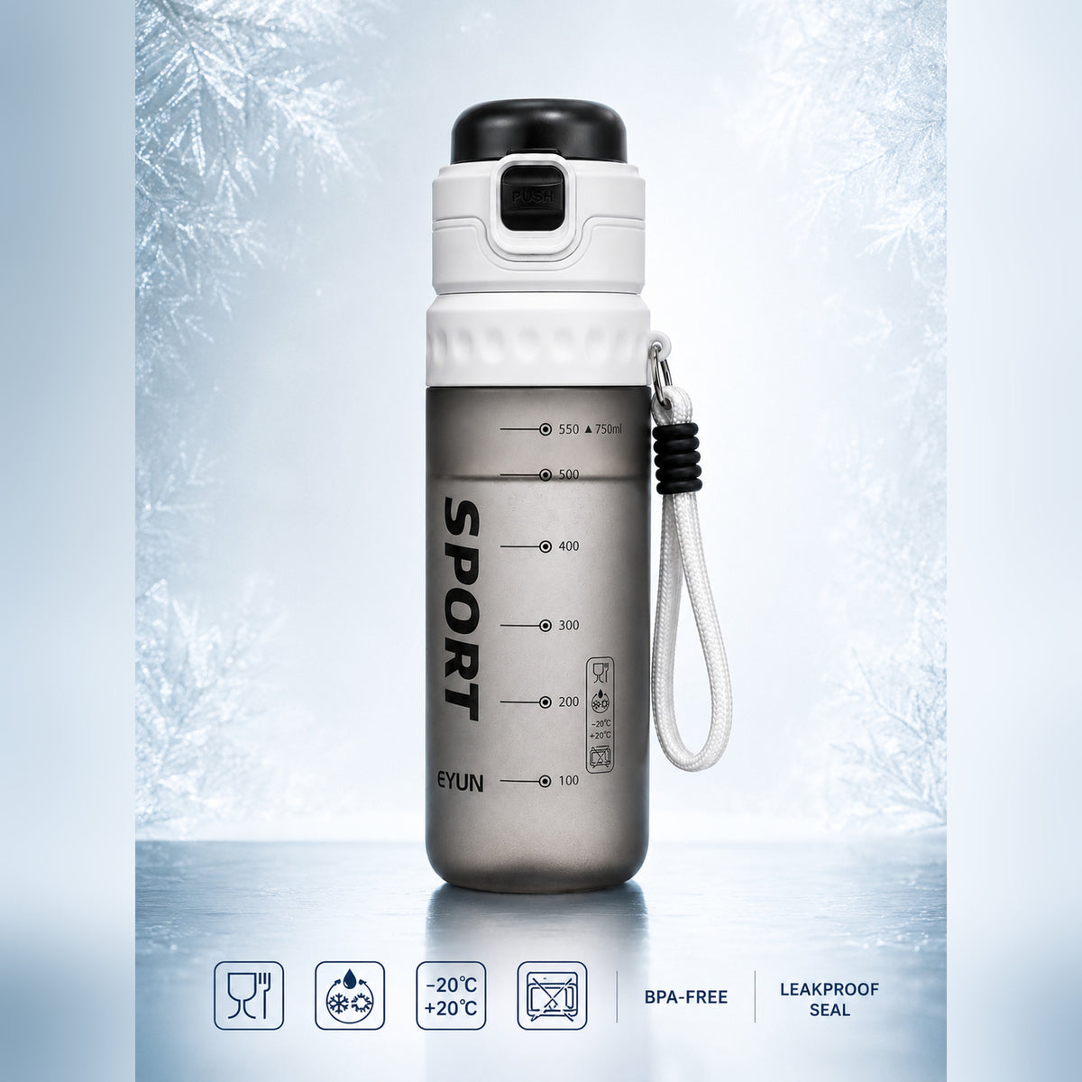 EYUN Sport 2-in-1 Water Bottle 750ml — BPA-Free Tritan Bottle with Push-Button Mist Spray, Fill Lines & Wide Drinking Spout (Smoke Grey)