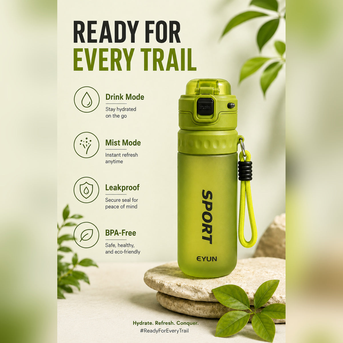 EYUN Sport 2-in-1 Water Bottle 750ml — BPA-Free Tritan Bottle with Push-Button Mist Spray & Wide Drinking Spout, Leakproof with Carry Strap