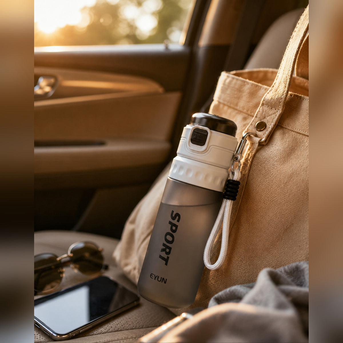 EYUN Sport 2-in-1 Water Bottle 750ml — BPA-Free Tritan Bottle with Push-Button Mist Spray, Fill Lines & Wide Drinking Spout (Smoke Grey)