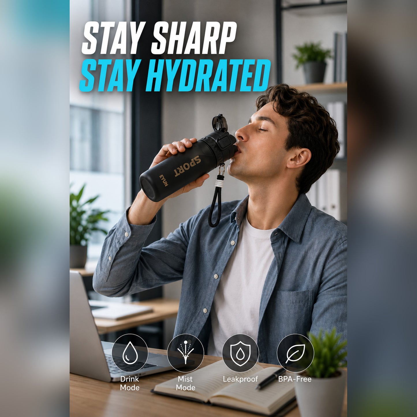 EYUN Sport 2-in-1 Water Bottle 750ml — BPA-Free Tritan Bottle with Push-Button Mist Spray & Wide Drinking Spout, Leakproof with Carry Strap