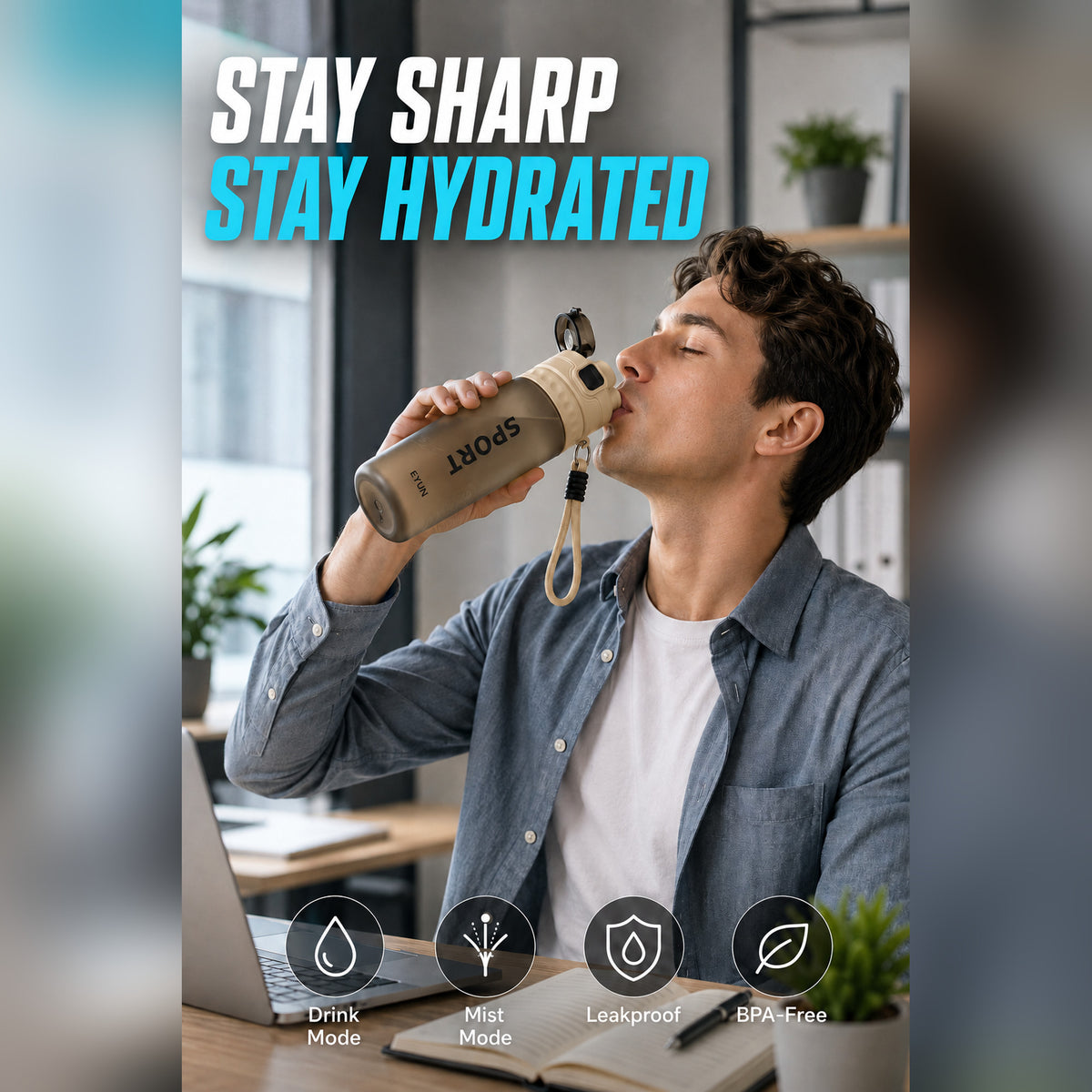 EYUN Sport 2-in-1 Water Bottle 750ml — BPA-Free Tritan Bottle with Push-Button Mist Spray & Wide Drinking Spout, Leakproof with Carry Strap (Khaki)