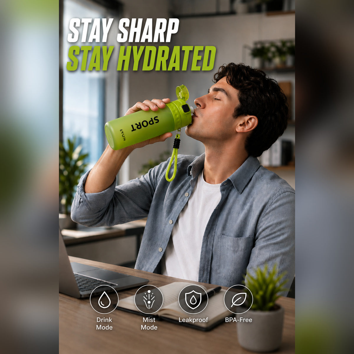 EYUN Sport 2-in-1 Water Bottle 750ml — BPA-Free Tritan Bottle with Push-Button Mist Spray & Wide Drinking Spout, Leakproof with Carry Strap