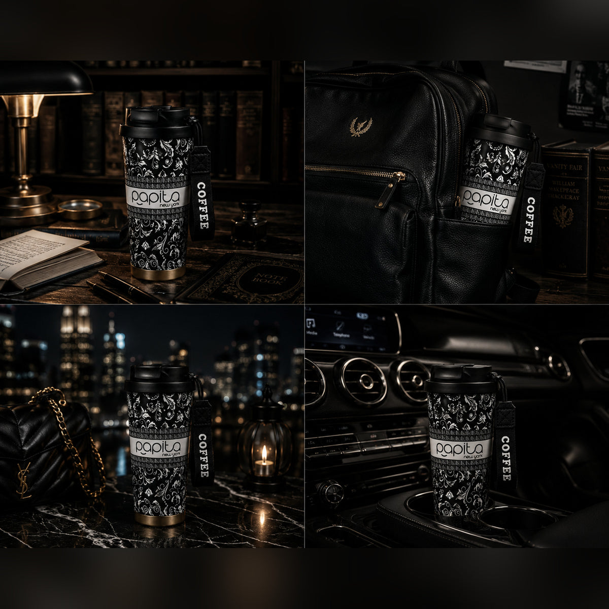 Papita Noir Damask Steel Travel Mug