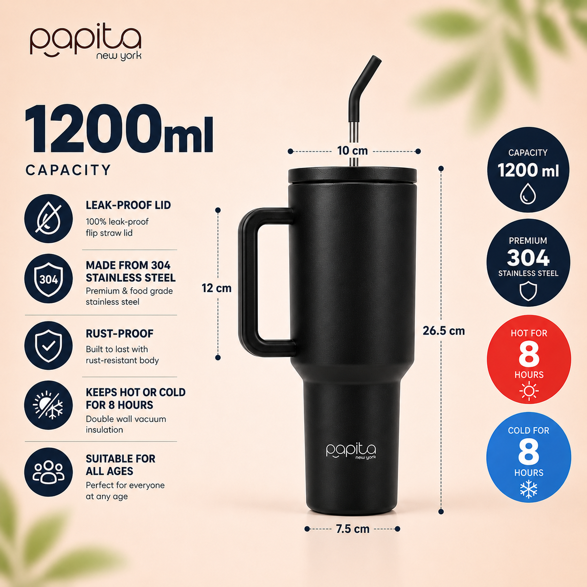Papita New York Everyday Tumbler — 304 Stainless Steel Insulated Travel Mug with Handle, Lid & 2 Straws, 1.2L