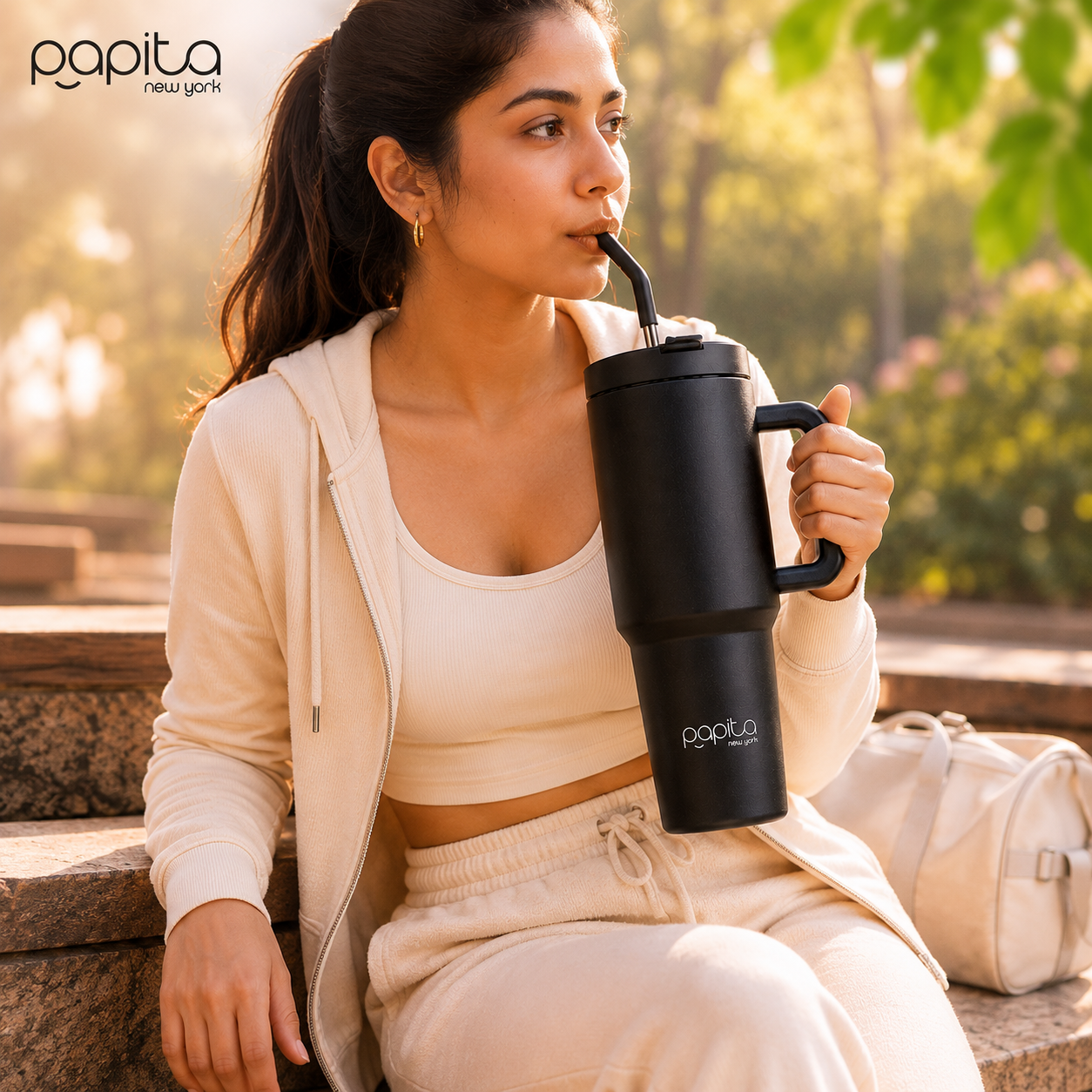 Papita New York Everyday Tumbler — 304 Stainless Steel Insulated Travel Mug with Handle, Lid & 2 Straws, 1.2L