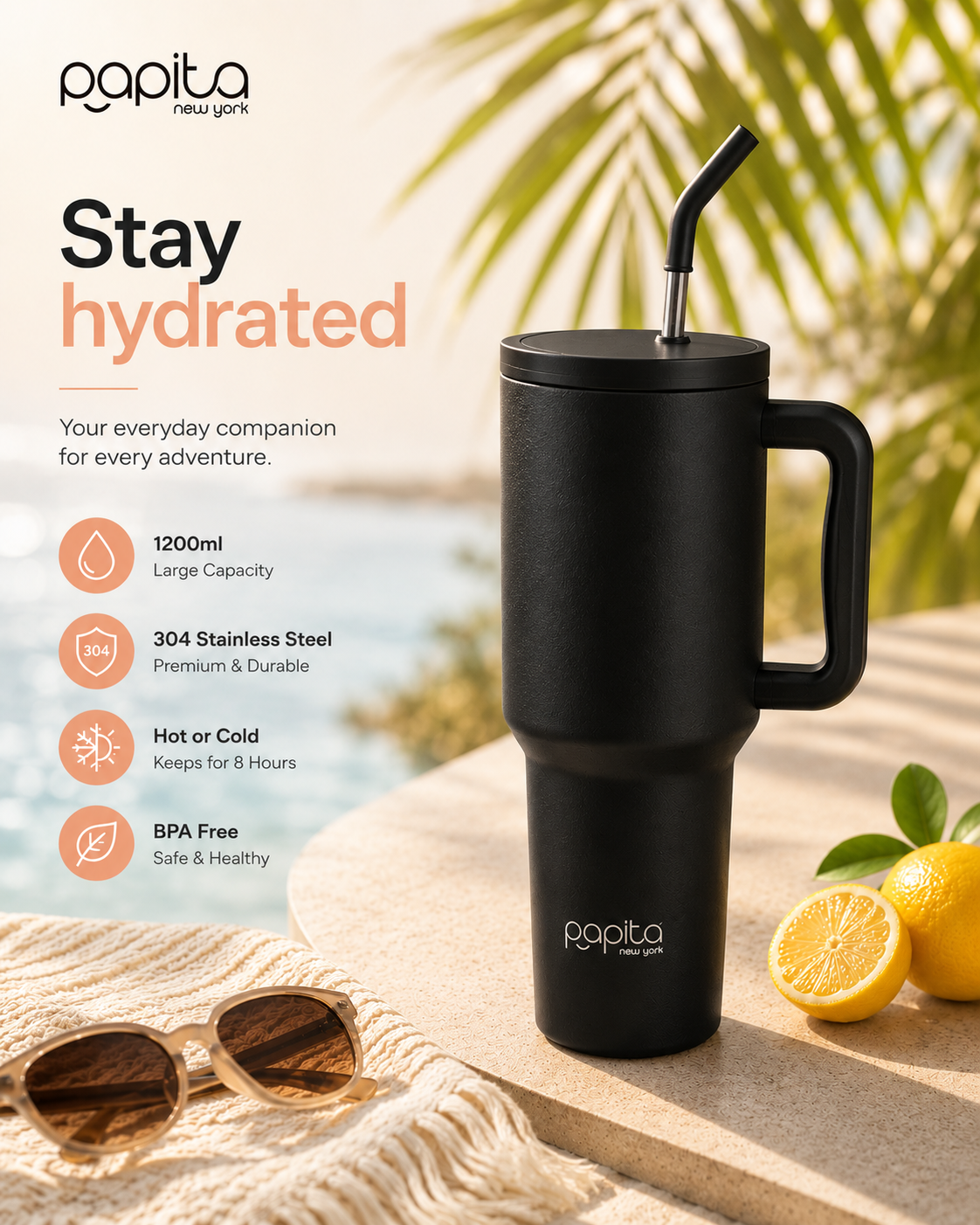 Papita New York Everyday Tumbler — 304 Stainless Steel Insulated Travel Mug with Handle, Lid & 2 Straws, 1.2L